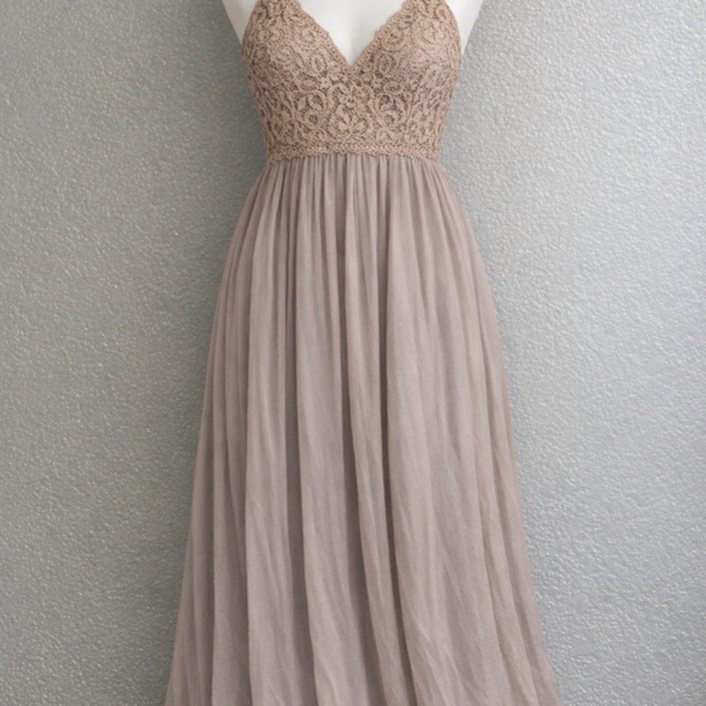 Miss Avenue Lace Bodice Formal Gown • Mauve/Taupe • Size Small • V‑Neck Chiffon